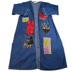 Vintage Prina Woman Denim Duster Coat Patchwork Cat Face Art to Wear OS Blue